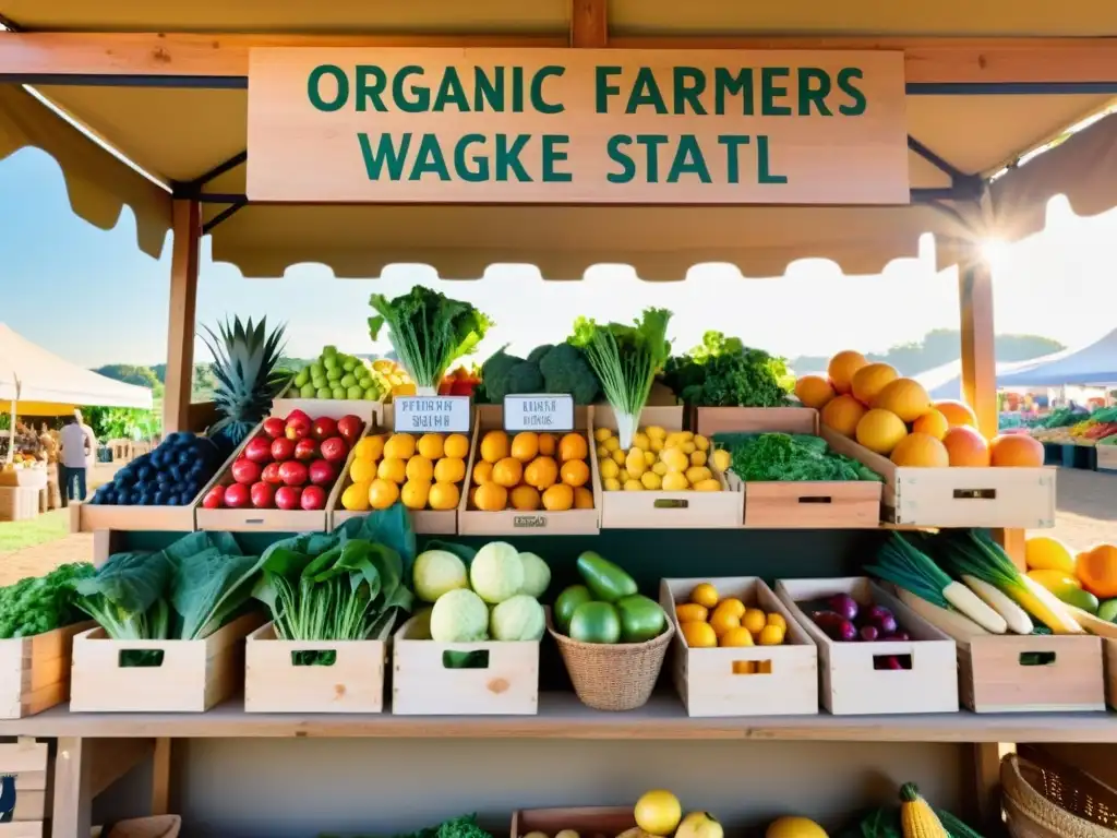 Un puesto de mercado lleno de frutas y verduras orgánicas y coloridas, con una atmósfera cálida y comunitaria