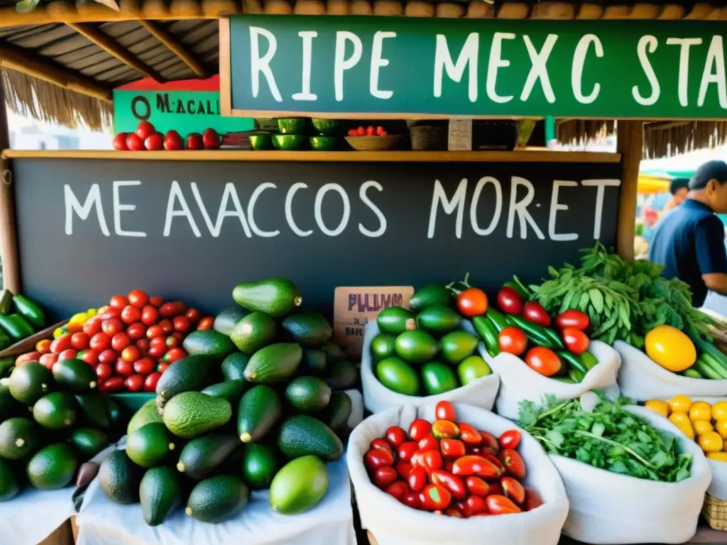 Un puesto de mercado mexicano con productos orgánicos y una deliciosa preparación de guacamole en un molcajete, bajo la cálida luz del sol