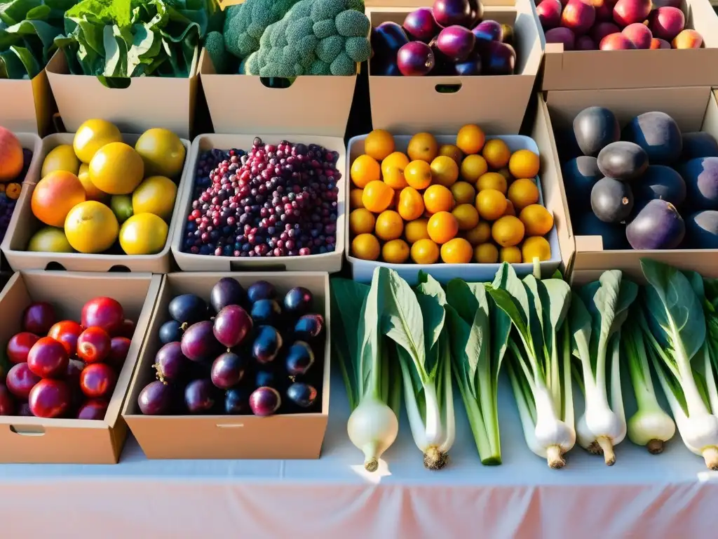 Un puesto de mercado rebosante de alimentos orgánicos dieta antiinflamatoria, con frutas y verduras vibrantes y coloridas, bañadas por la suave luz del sol