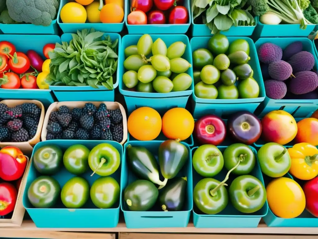 Un puesto de mercado rebosante de frutas y verduras orgánicas, exhibiendo su frescura y variedad