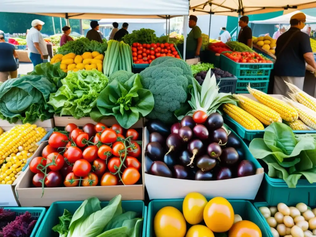 Un puesto de mercado rebosante de frutas y verduras orgánicas coloridas, con clientes y una atmósfera comunitaria