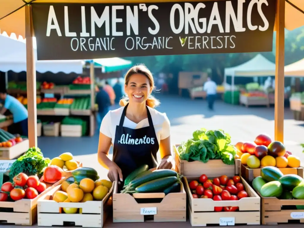 Un puesto de mercado vibrante con alimentos orgánicos, colores vivos y una atmósfera acogedora