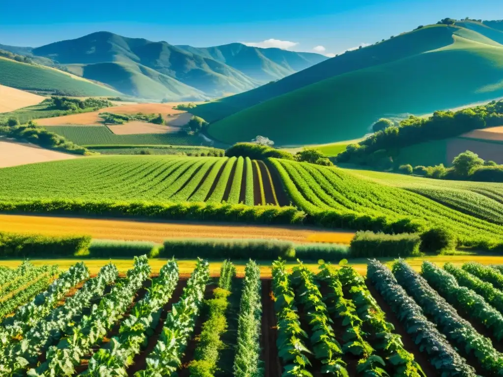 Radiante granja orgánica con cultivos ordenados, cielos azules y colinas