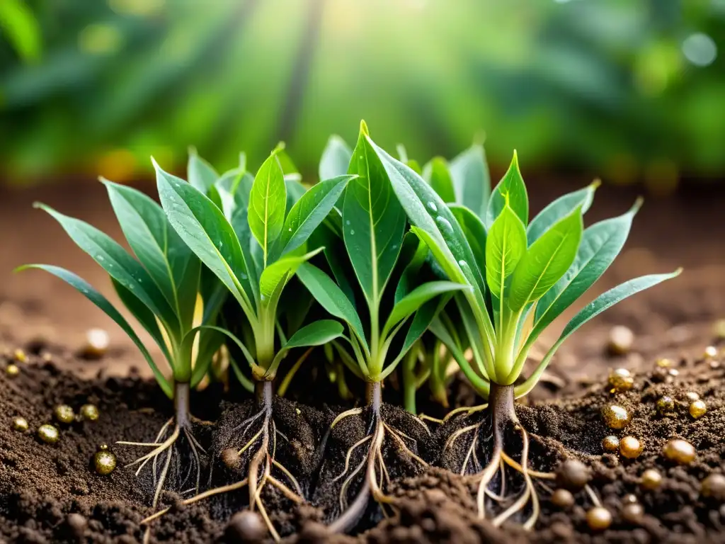 Raíces y hojas de plantas verdes saludables en suelo fértil