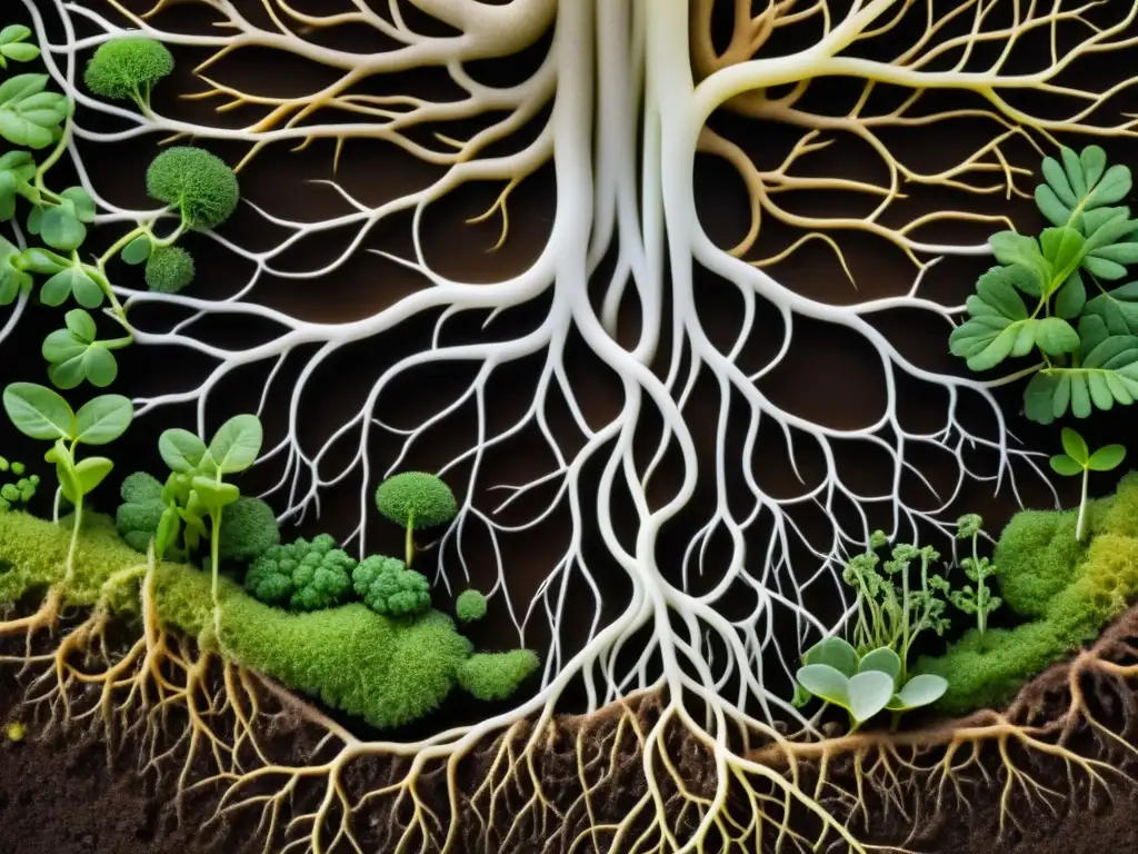 Raíces de planta en simbiosis con hongos micorrícicos, ilustrando la relación beneficiosa en el microbioma del suelo en agricultura orgánica