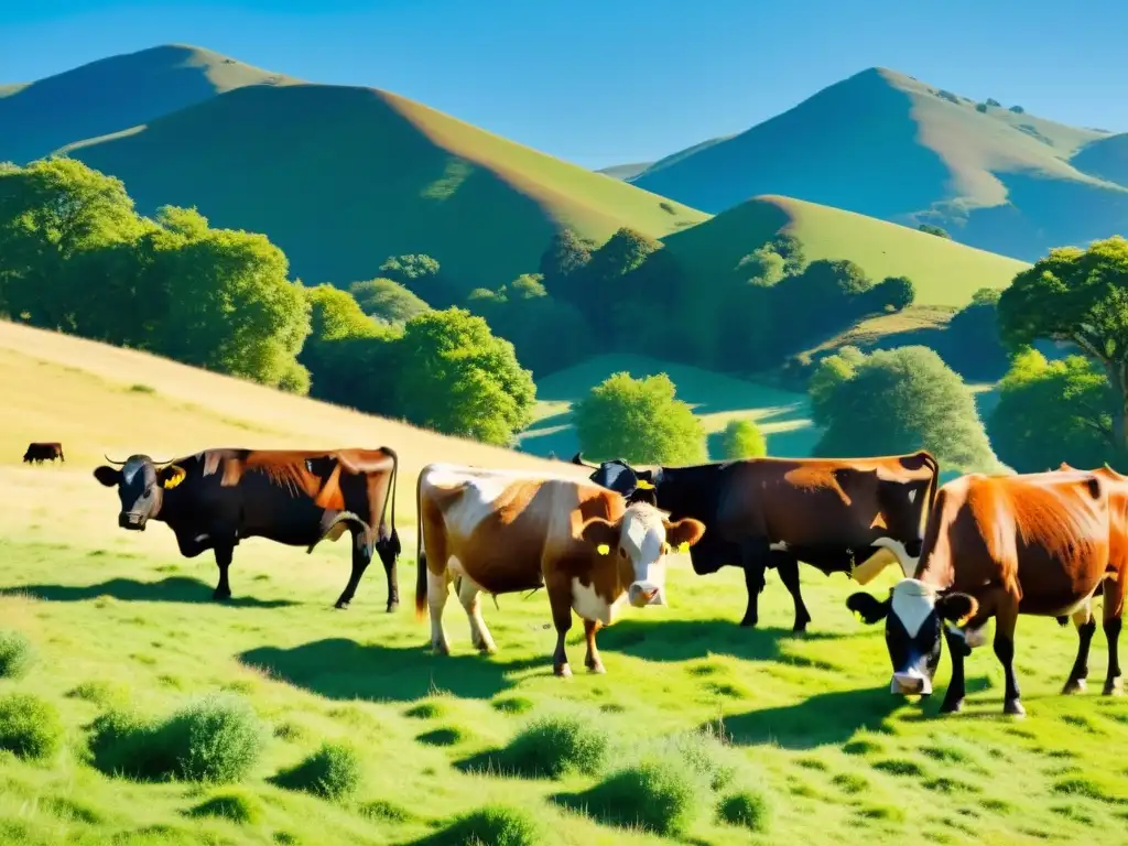 Rebaño de ganado orgánico disfrutando en un prado soleado