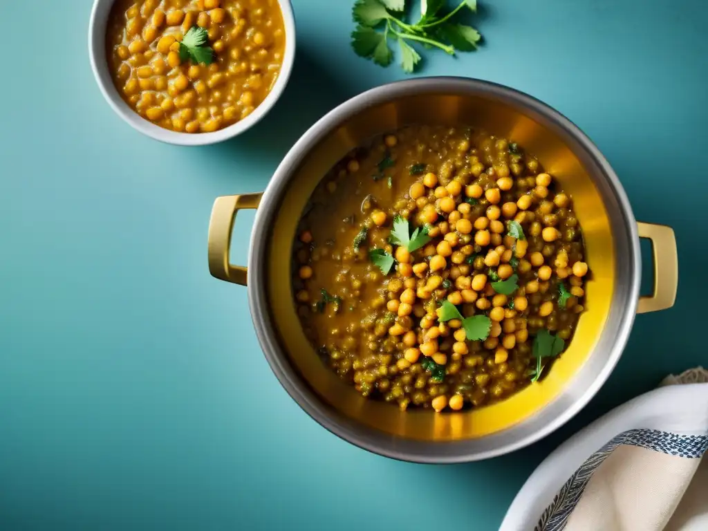 Una receta auténtica de dal con legumbres orgánicas, cocinadas con especias indias, en una olla vibrante y aromática