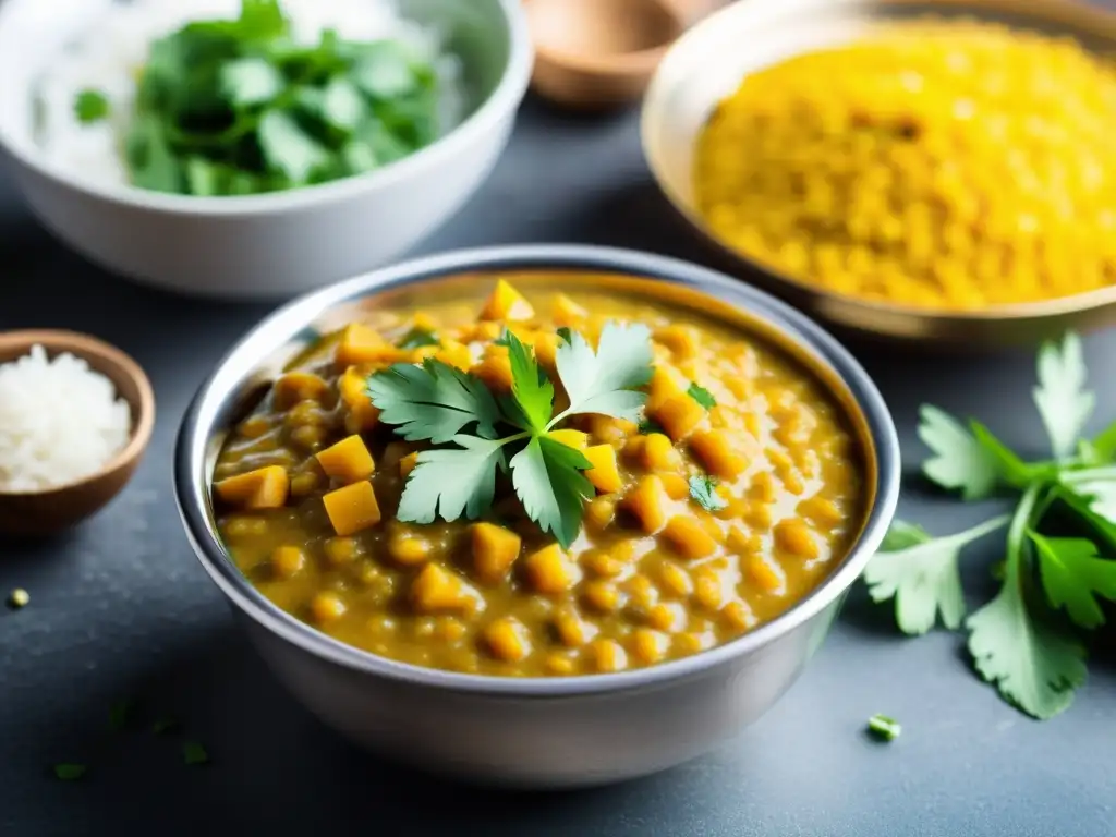 Receta auténtica dal con legumbres orgánicas y arroz basmati, una escena vibrante y apetitosa con vapor reconfortante