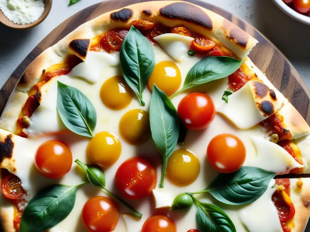 Una receta auténtica de pizza orgánica con una delgada y dorada masa, cubierta de tomates cherry, albahaca, mozzarella y aceite de oliva