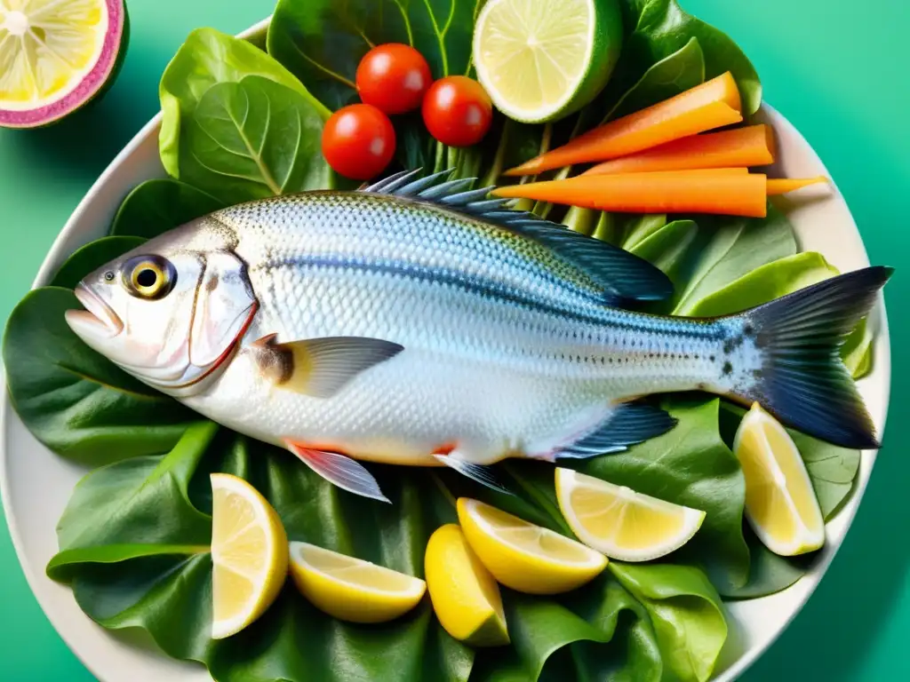 Receta de ceviche con pescados orgánicos sostenibles rodeados de ingredientes frescos y coloridos en una composición visualmente atractiva y deliciosa