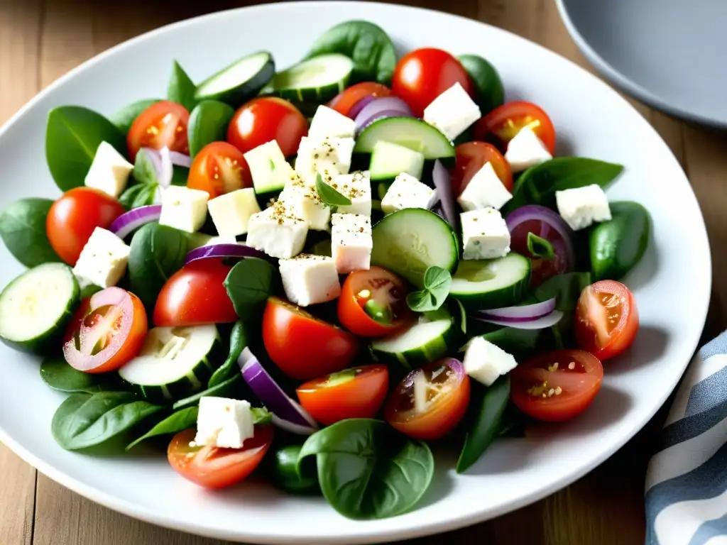 Receta de ensalada griega con queso feta orgánico: una presentación vibrante y fresca en un plato blanco minimalista