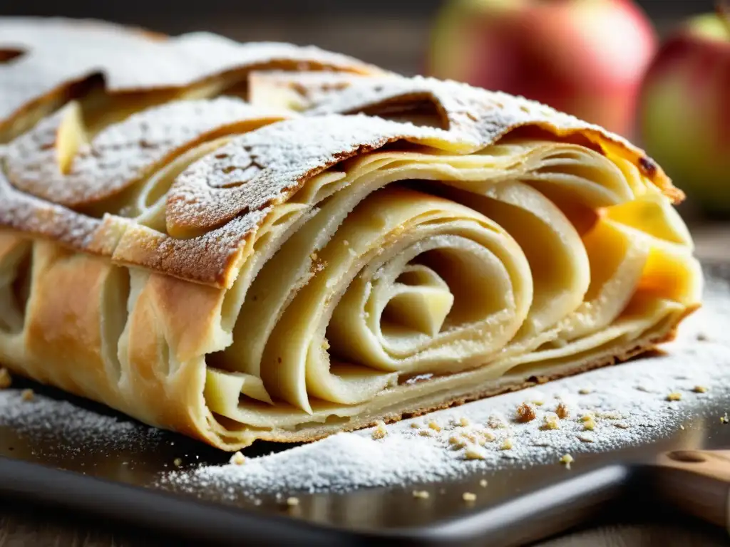 Receta de strudel de manzanas orgánicas recién horneado, con capas finas de manzanas, canela y nuez moscada, y una masa dorada y escamosa