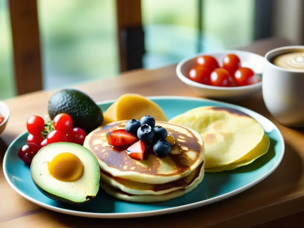 Recetas de desayunos orgánicos del mundo: mesa de desayuno con delicias variadas de diferentes culturas, bañadas por cálida luz matinal