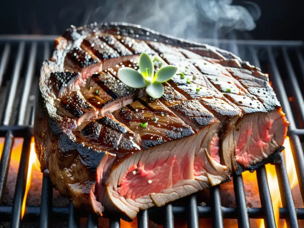 Recetas saludables con carne orgánica: Suculento ribeye orgánico en parrilla negra, jugoso y aromático, con grill marks y sal marina