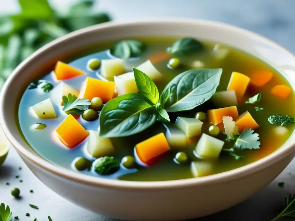 Una reconfortante sopa detox orgánica con vegetales frescos y hierbas aromáticas, creando una atmósfera saludable y apetitosa