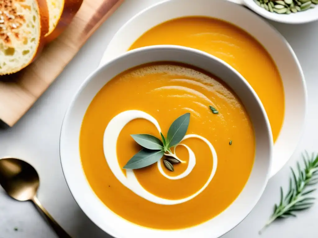 Una reconfortante sopa de calabaza orgánica con crema de coco y semillas de calabaza tostadas