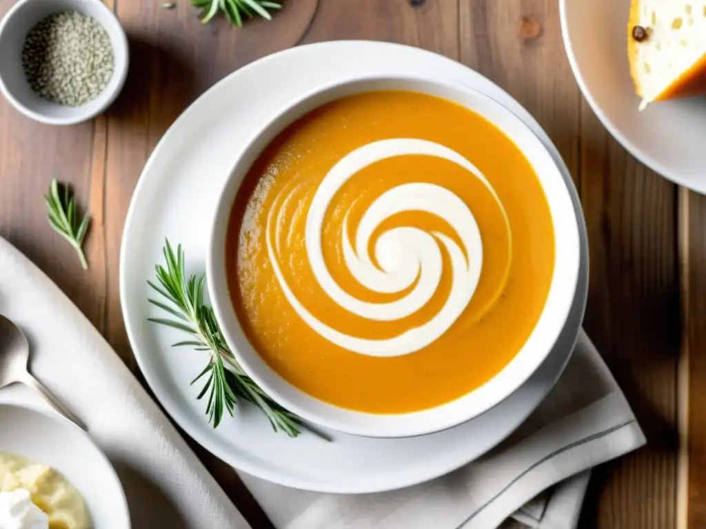 Una reconfortante sopa de calabaza orgánica con crema de coco, servida en un elegante bol blanco sobre una mesa de madera