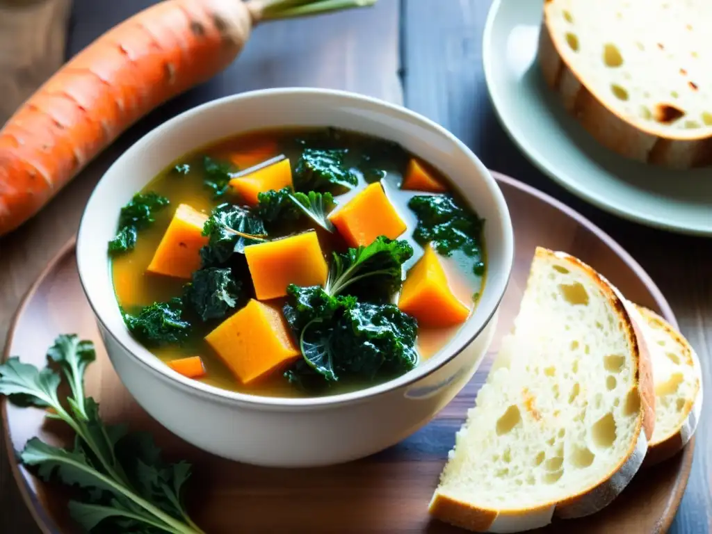 Un reconfortante tazón de sopa de verduras orgánicas, pan integral y tomillo fresco