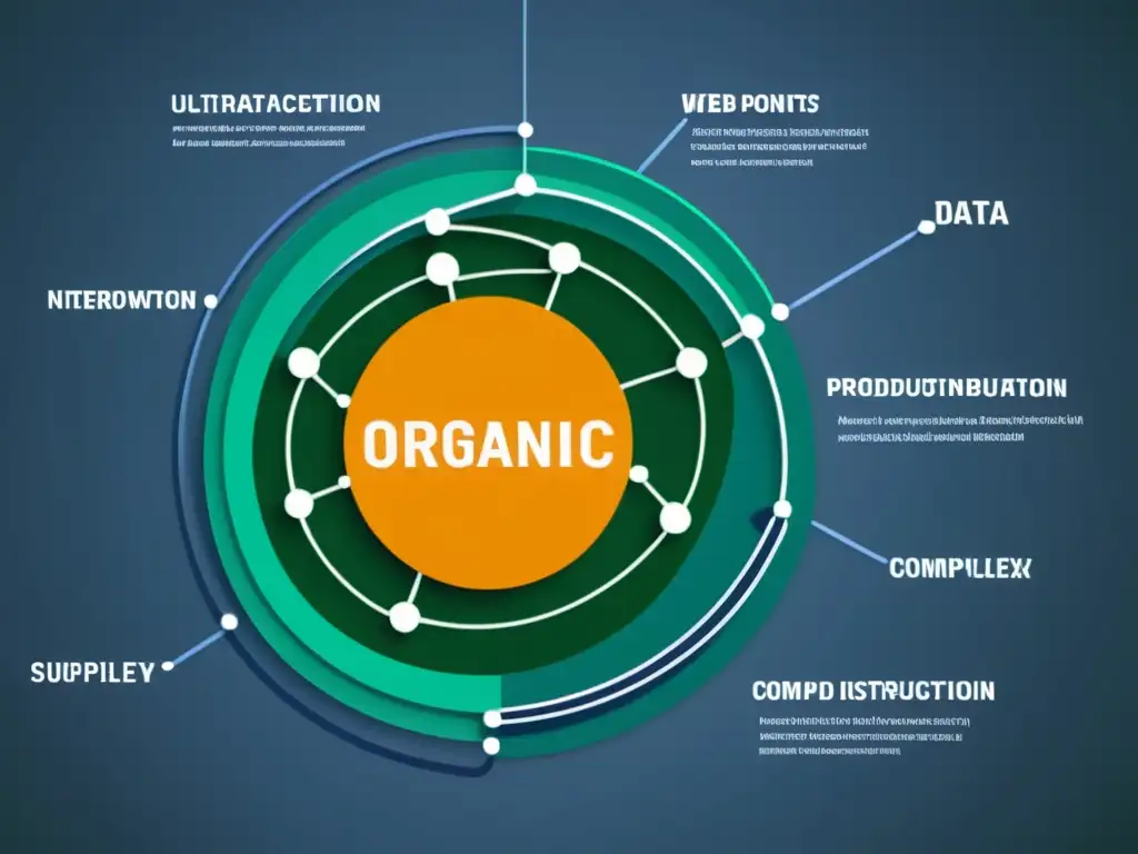 Una red de datos de la cadena alimentaria orgánica, con nodos interconectados y una compleja red mostrando el flujo de información