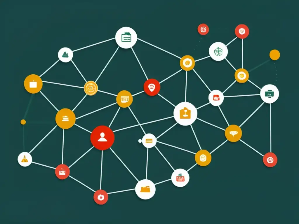 Una red de datos interconectados con íconos de productos alimenticios, mostrando la complejidad del Big Data para trazabilidad alimentaria