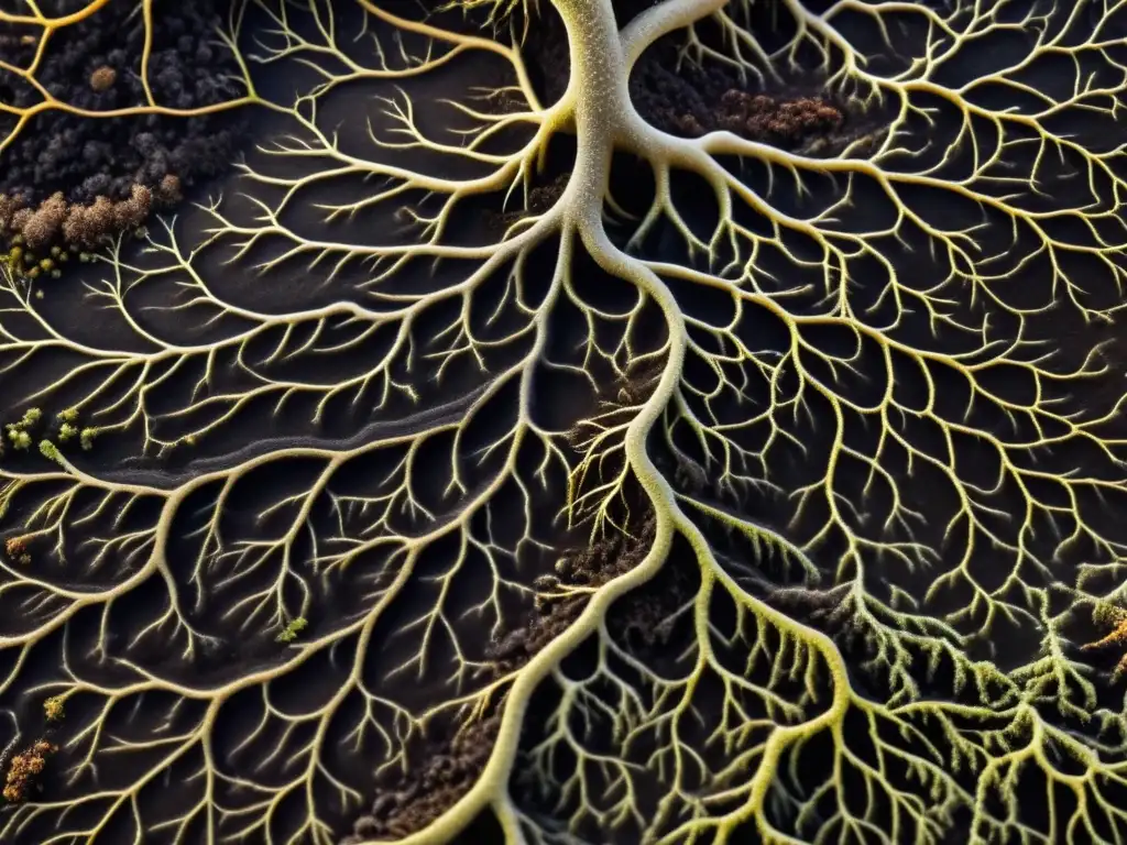 Sinfonía subterránea: raíces y hongos en simbiosis Redes de micorrizas entrelazadas con raíces en suelo orgánico, resaltando la simbiosis subterránea de las plantas y los hongos