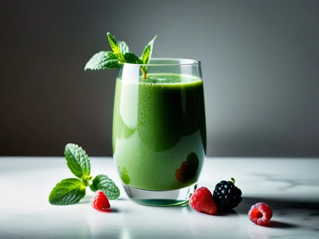 Un refrescante batido verde orgánico con frutas y menta, evocando beneficios de desintoxicación natural