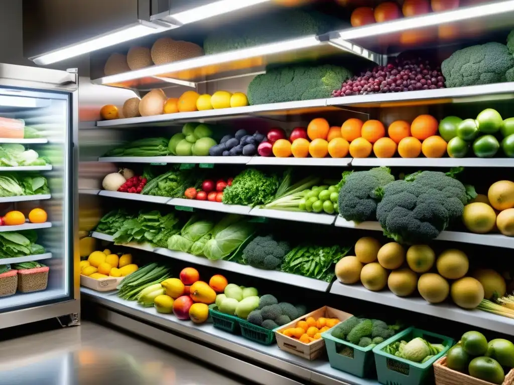 Almacén refrigerado lleno de frutas y verduras orgánicas, ordenadas y coloridas, iluminadas suavemente, transmitiendo frescura y calidad