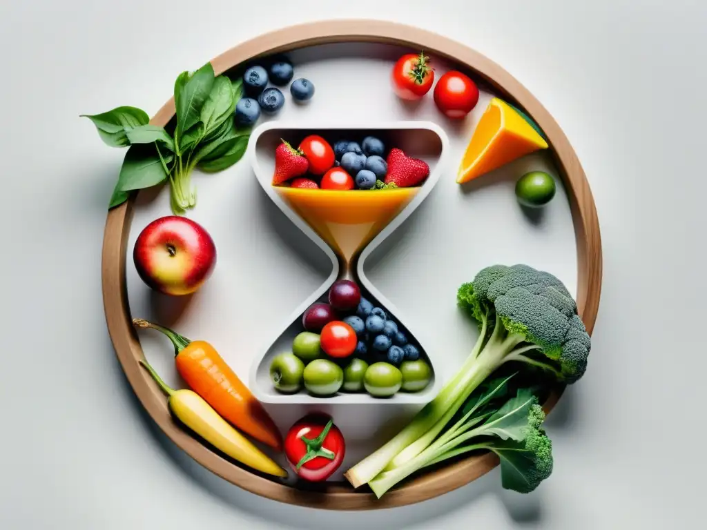 Un reloj de arena con frutas y verduras orgánicas que caen, simbolizando los beneficios del ayuno intermitente con alimentos orgánicos