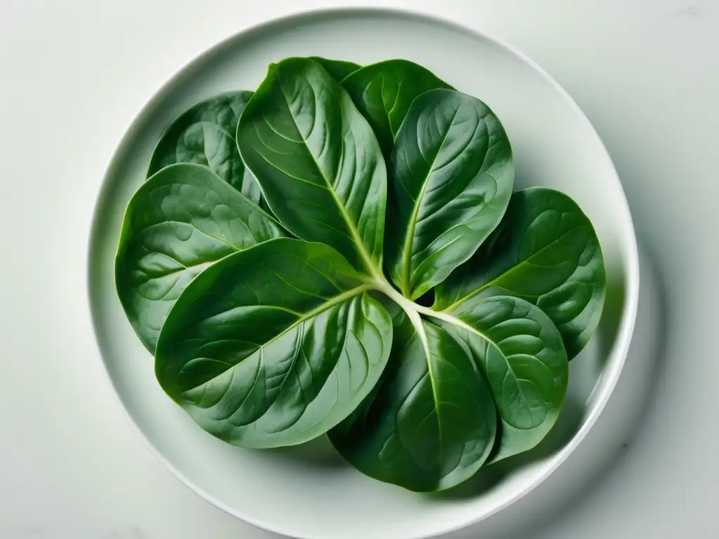 Un remolino de hojas de espinaca orgánica en un plato blanco, destacando su frescura y beneficios de la clorofila en alimentos orgánicos