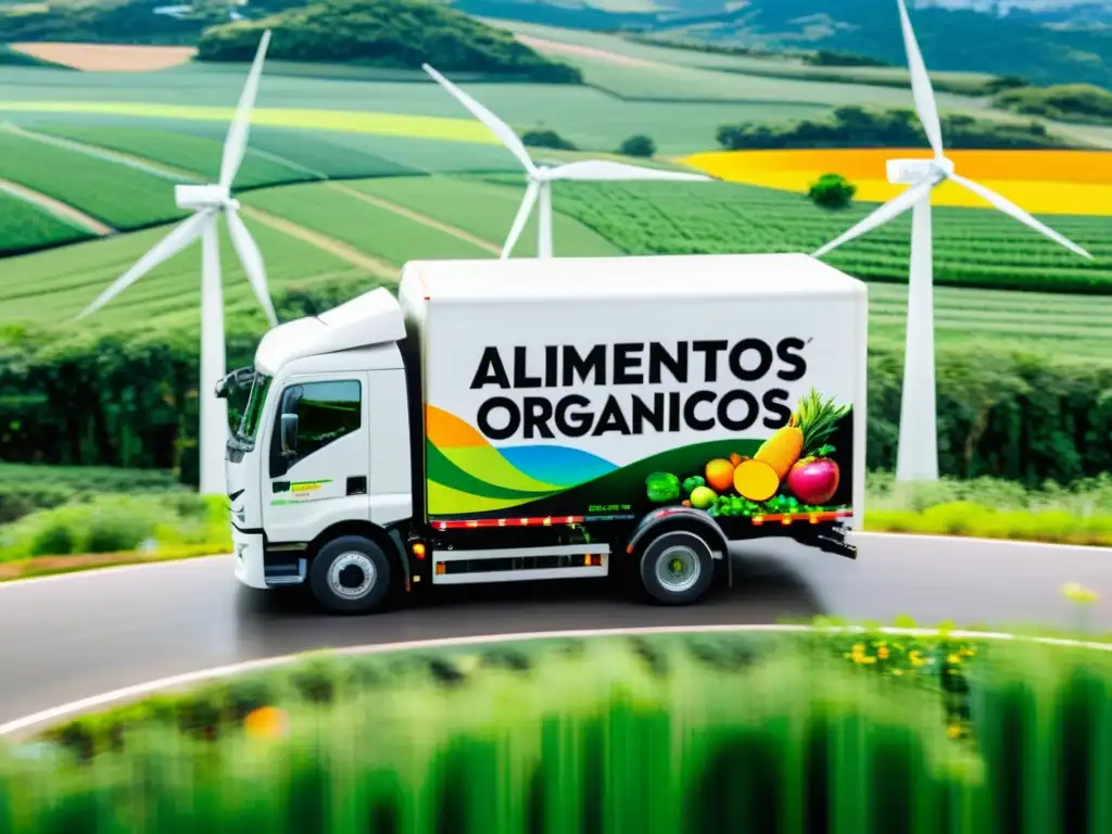 Camión de reparto de alimentos orgánicos recorriendo paisaje verde con frutas y verduras vibrantes