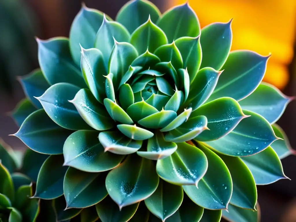 Resistente planta suculenta con patrones intrincados en hojas carnosas, brillando con gotas de agua de la lluvia en el desierto