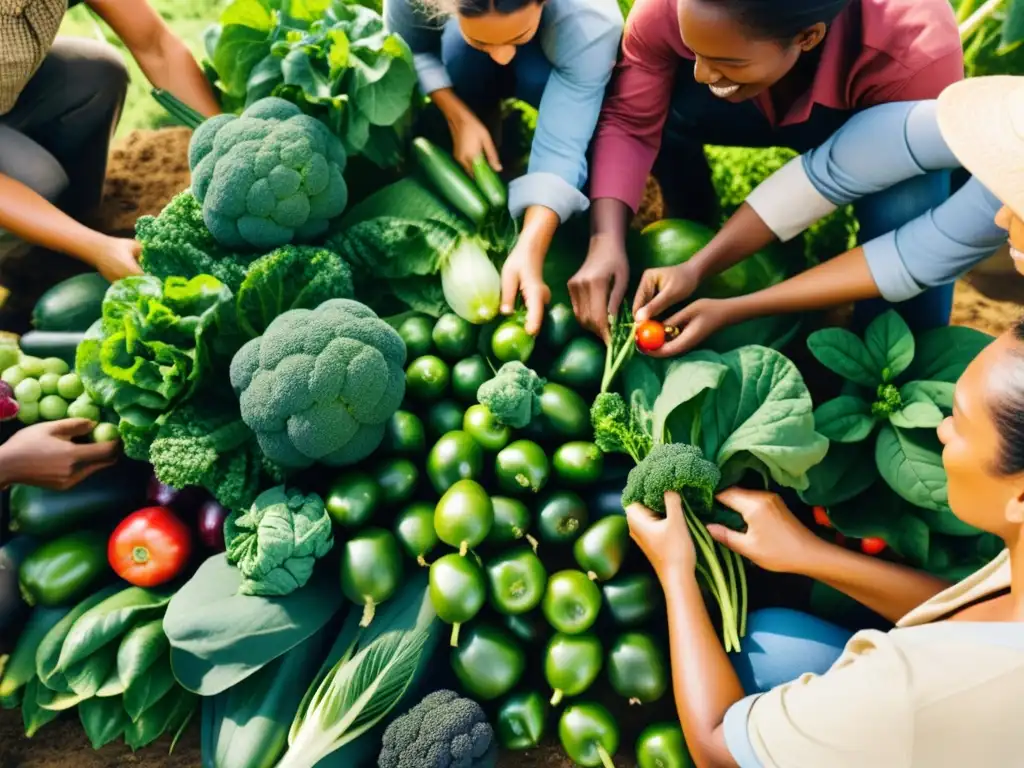 Una fotografía de alta resolución que muestra la belleza y beneficios de los alimentos orgánicos, con personas trabajando en una granja orgánica