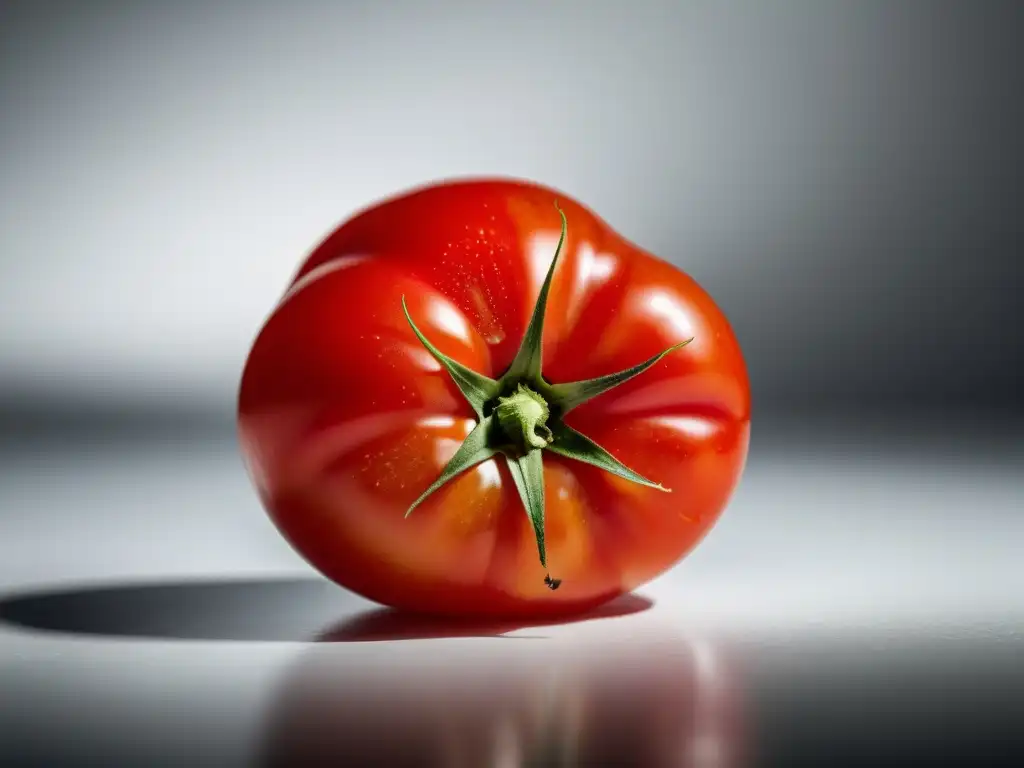 Una fotografía de alta resolución de un tomate orgánico maduro, con efectos psicológicos del consumo de alimentos orgánicos