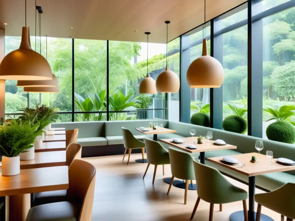 Un restaurante orgánico con diseño moderno y ambiente único, rodeado de naturaleza y luz suave