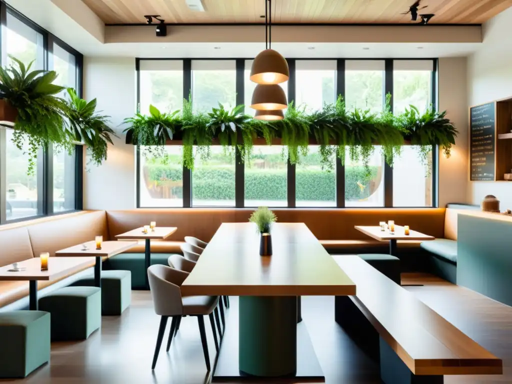 Un restaurante orgánico con diseño minimalista, madera cálida, vegetación colgante y luz natural