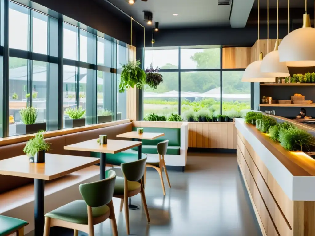 Un restaurante orgánico sostenible con diseño minimalista y ambiente ecofriendly