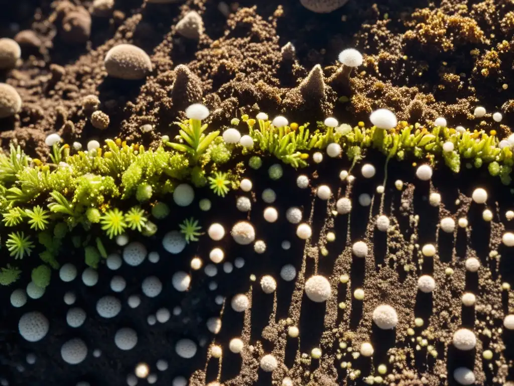 Rica salud del microbioma del suelo en labranza mínima, con microorganismos, hongos y gusanos en una imagen detallada y fascinante