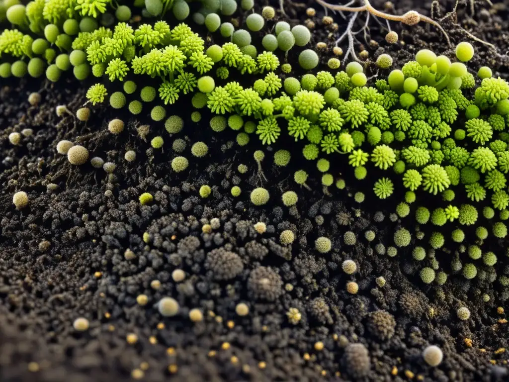 Rica tierra orgánica teeming con vida microbiana y raíces entrelazadas, capturando la importancia de la microbiología del suelo orgánico