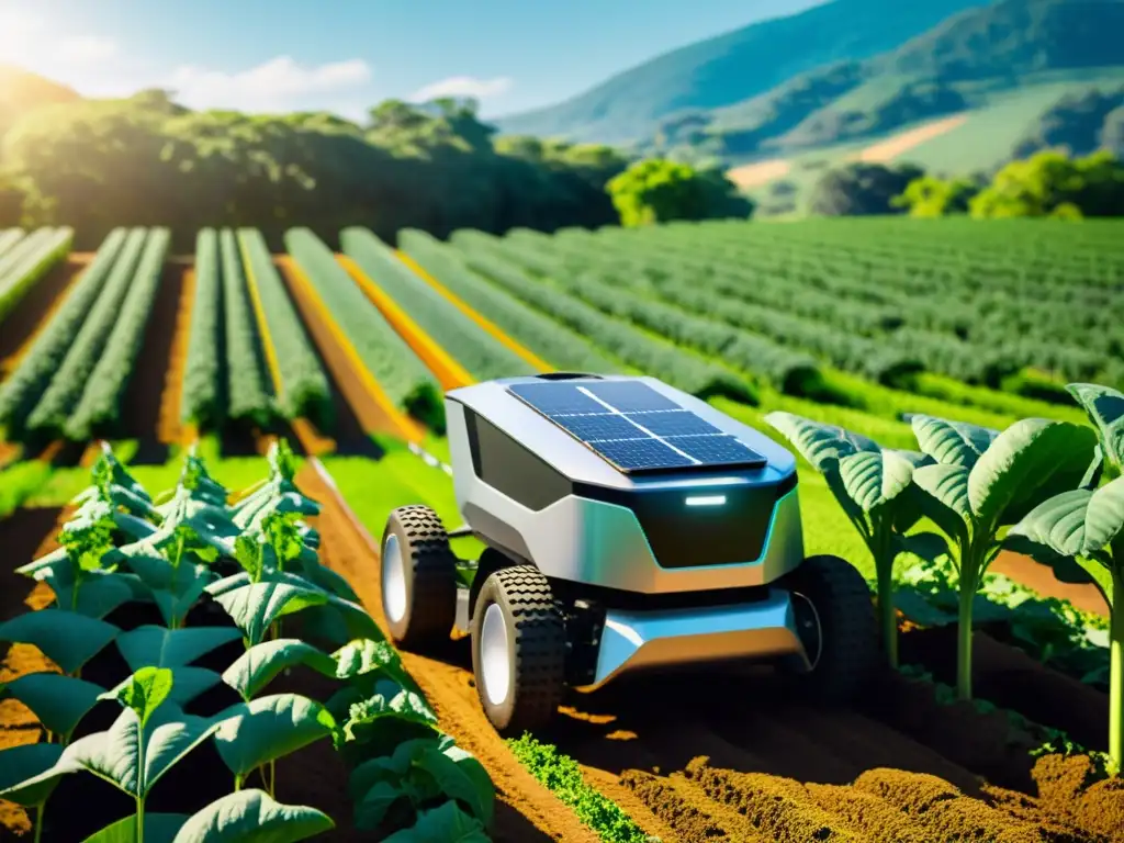 Robot alimentado por energías renovables trabajando en una granja orgánica, integrando tecnología avanzada con la naturaleza