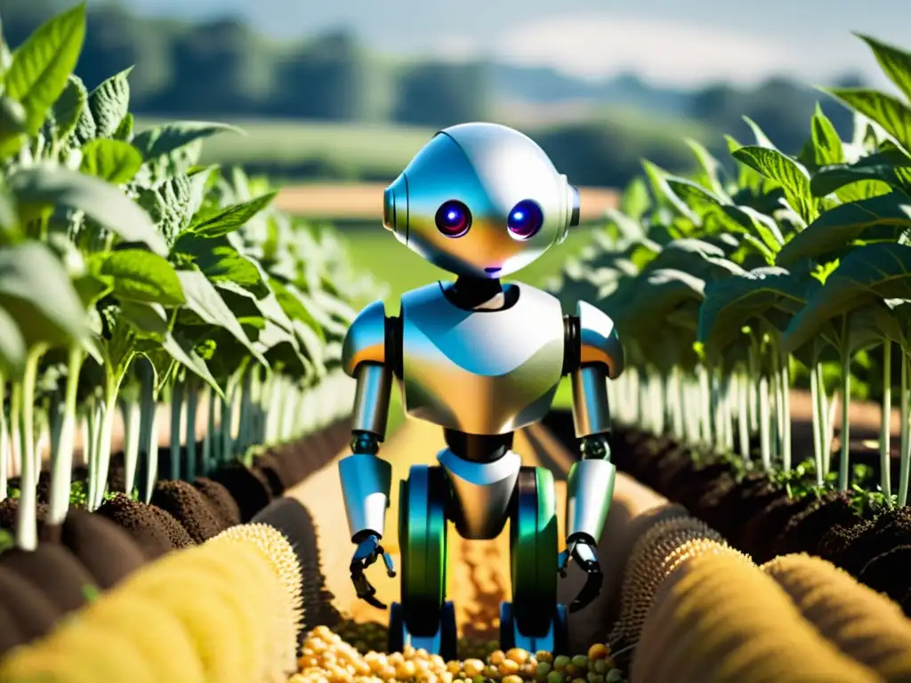 Un robot para la cosecha de alimentos orgánicos, recolecta frutas y verduras en un campo exuberante y próspero bajo el cálido sol