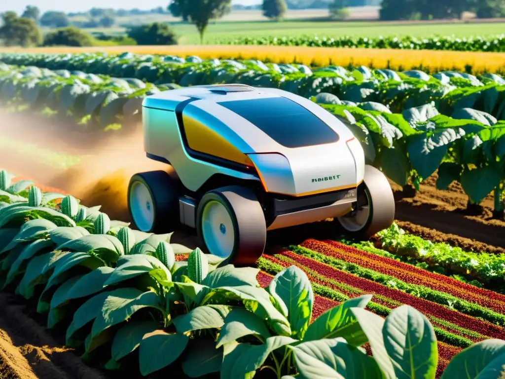 Un robot cosechador autónomo recoge frutas y verduras en una granja orgánica