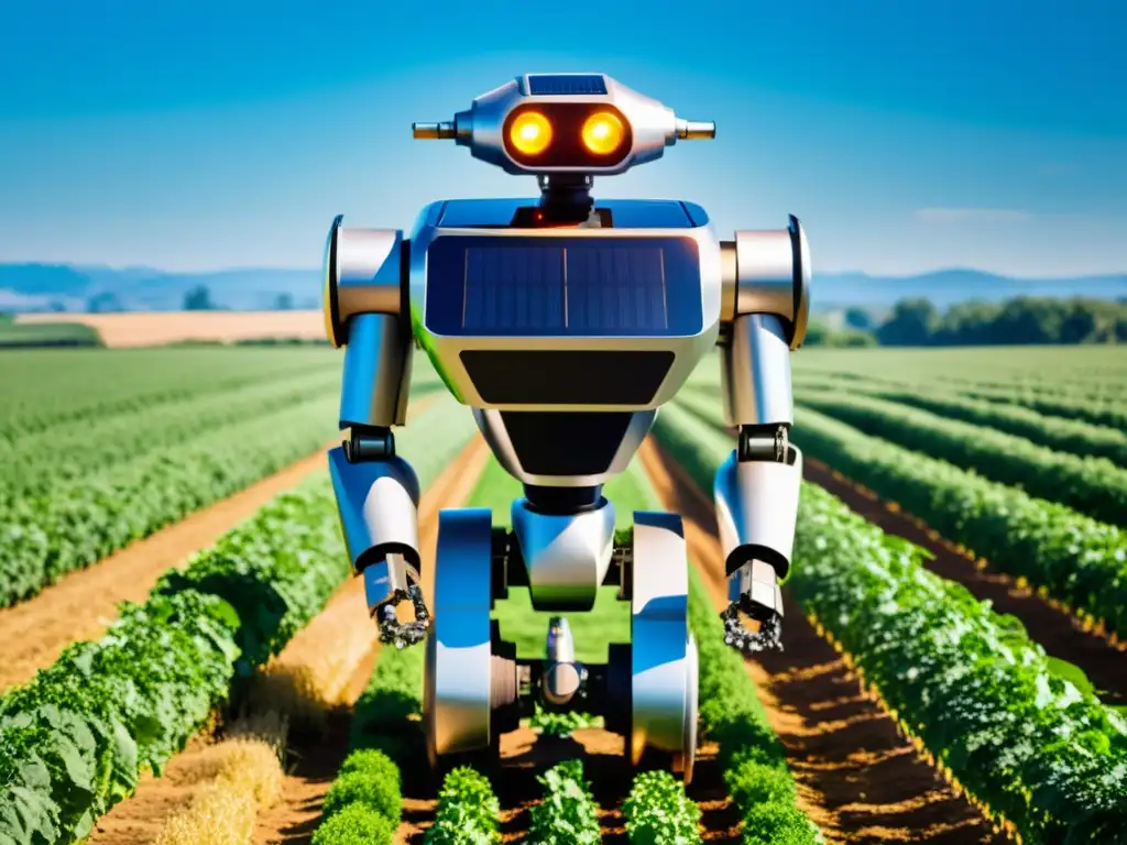 Un robot futurista alimentado por energías renovables destaca entre campos de agricultura orgánica, fusionando tecnología y naturaleza