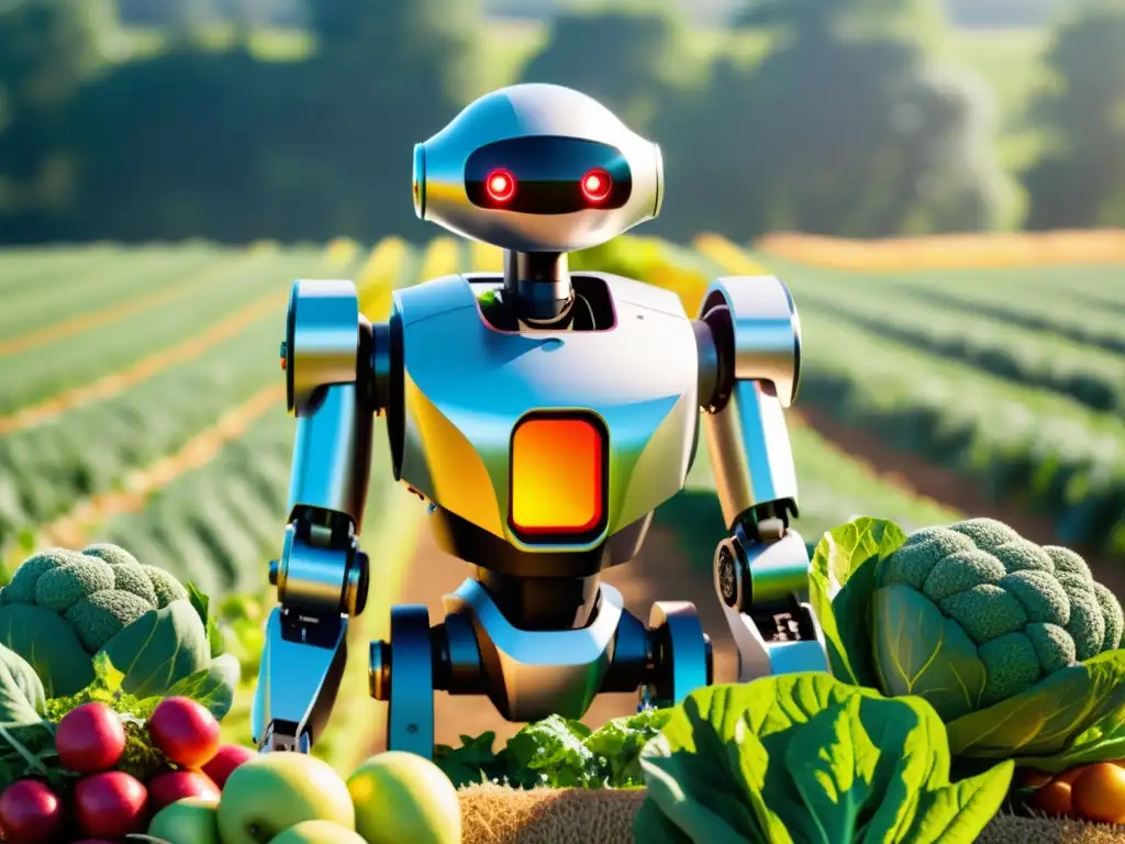 Un robot futurista cosecha alimentos orgánicos en un campo soleado, mostrando la eficiencia de la tecnología