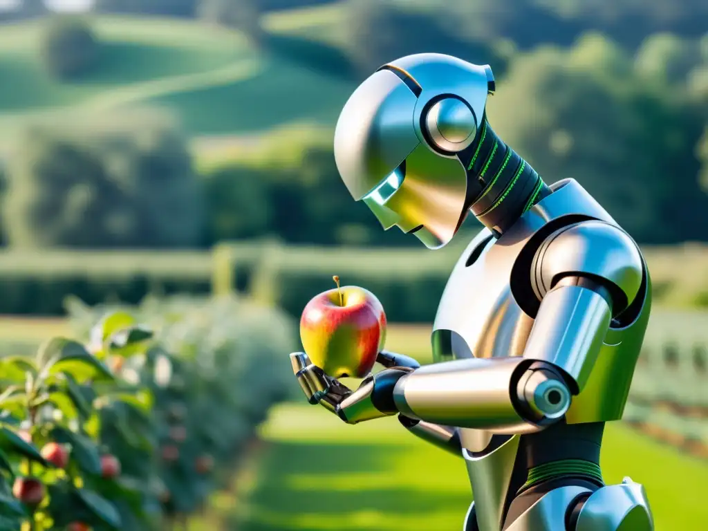 Un robot futurista maneja con precisión una manzana orgánica en un campo verde, fusionando tecnología y naturaleza