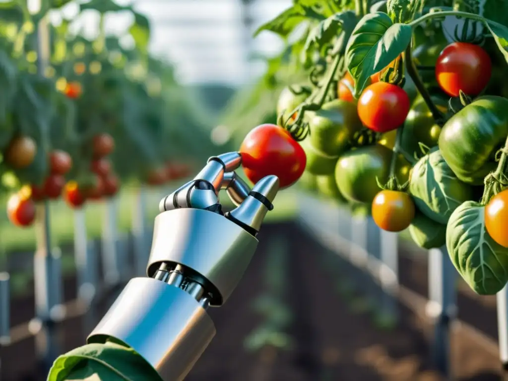 Un robot de mano elegante y minimalista recoge tomates rojos en una granja orgánica exuberante