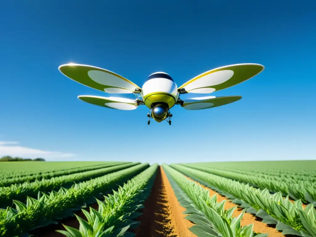 Un robot polinizador en agricultura orgánica vuela sobre un campo blanco y verde bajo el cielo azul claro, integrando tecnología y naturaleza