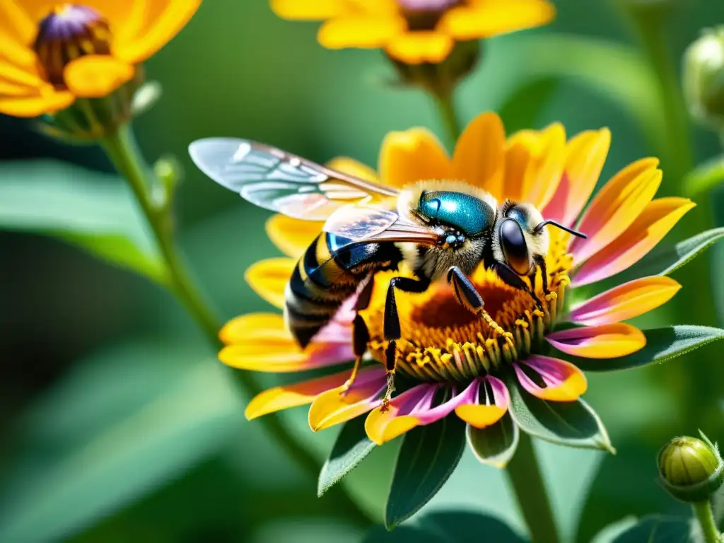 Un robot polinizador en acción, transfiriendo delicadamente polen entre flores en una granja orgánica soleada