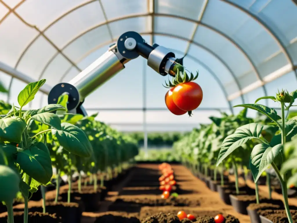 Robótica en la Agricultura Orgánica: Ilustración minimalista de un brazo robótico cosechando tomates orgánicos en un invernadero soleado