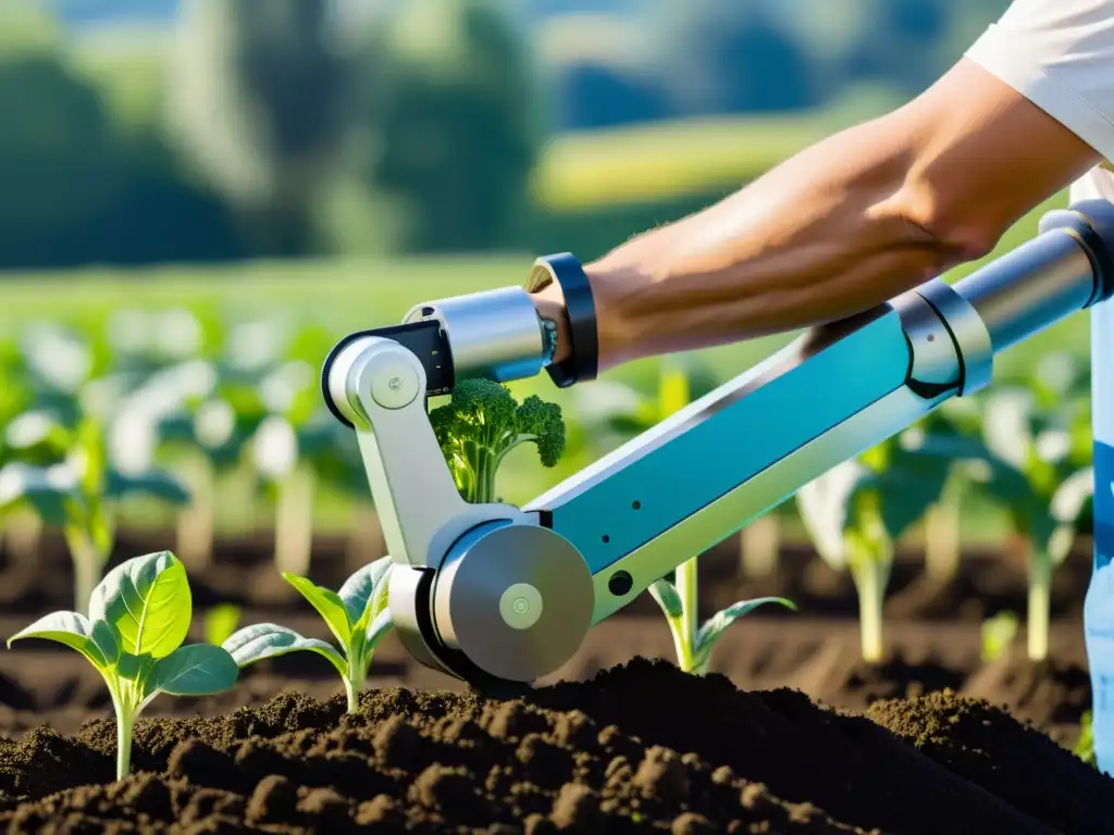 Robótica en la Agricultura Orgánica: Un brazo robótico preciso cosecha vegetales maduros en un exuberante campo, fusionando tecnología y naturaleza