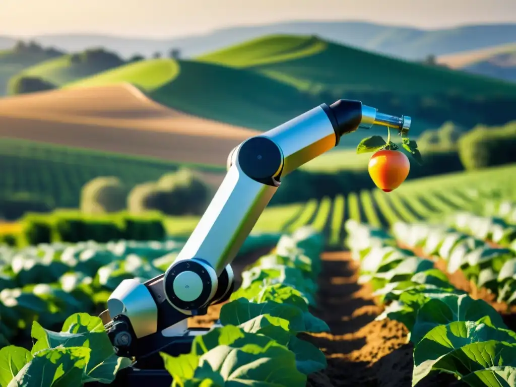 Robótica en la agricultura orgánica: Un brazo robótico cosecha frutas y verduras en un campo soleado y exuberante, fusionando tecnología y naturaleza